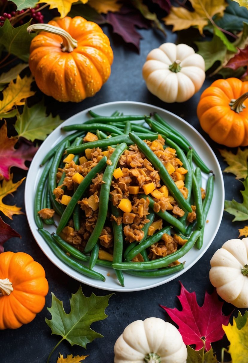 A platter of green bean almondine surrounded by autumn foliage and decorative gourds