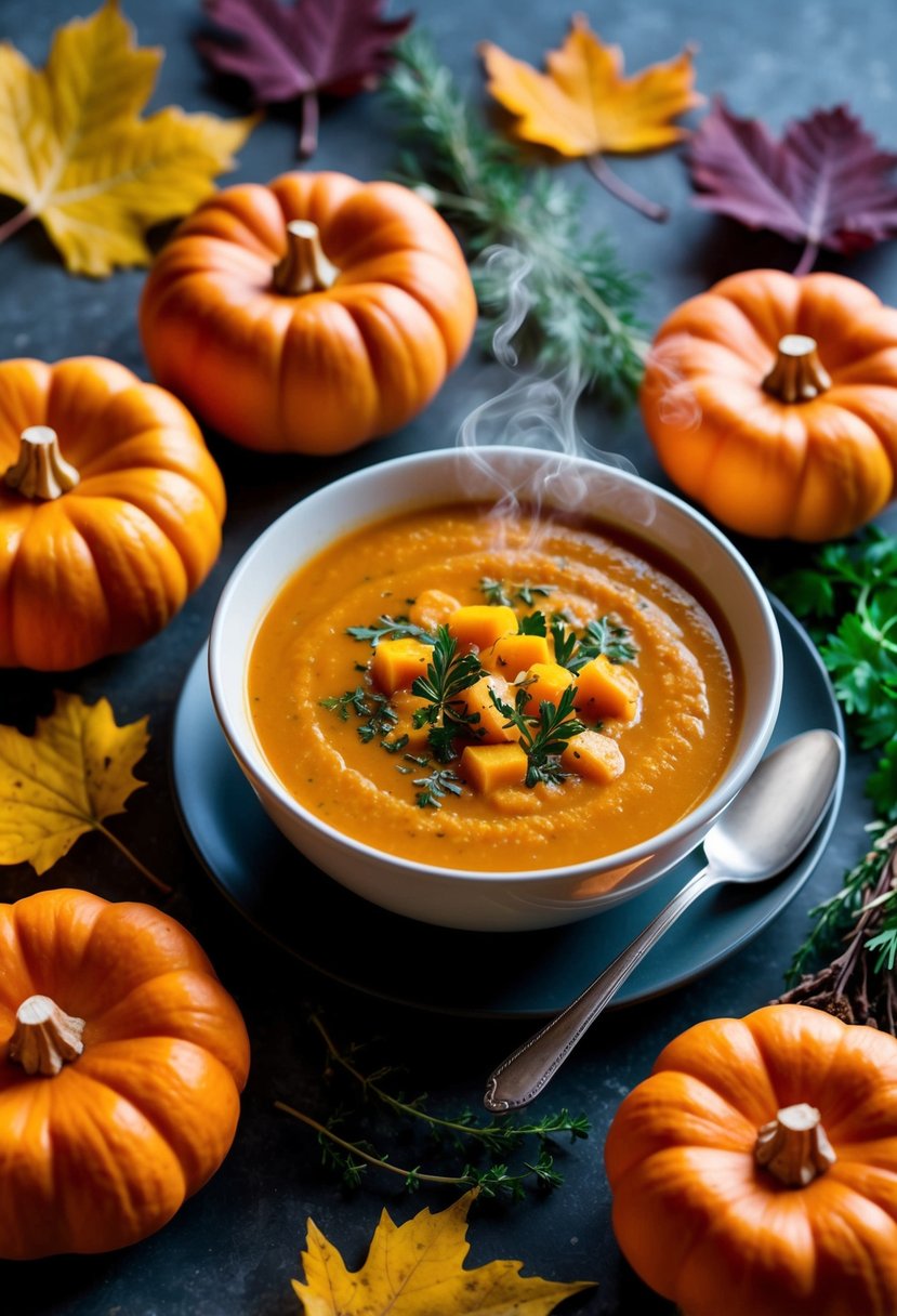 A steaming bowl of butternut squash soup surrounded by fall leaves and seasonal herbs