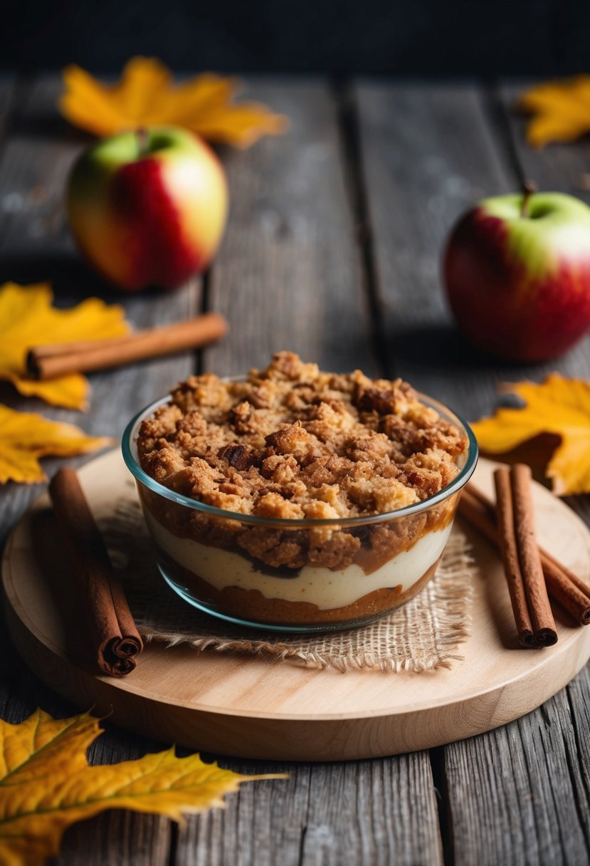 A rustic apple cinnamon crisp sits on a wooden table, surrounded by autumn leaves and cinnamon sticks