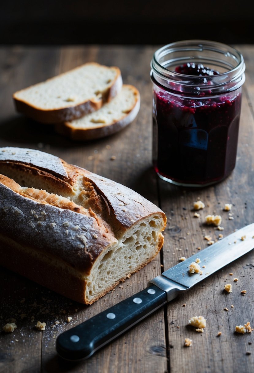 A rustic kitchen table with a loaf of sourdough bread, a jar of homemade jam, and a knife with crumbs scattered around