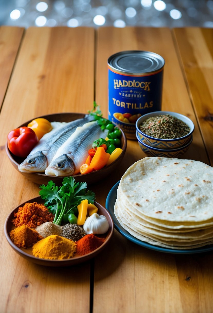 A wooden table with fresh haddock fillets, colorful vegetables, and various spices arranged next to a stack of tortillas