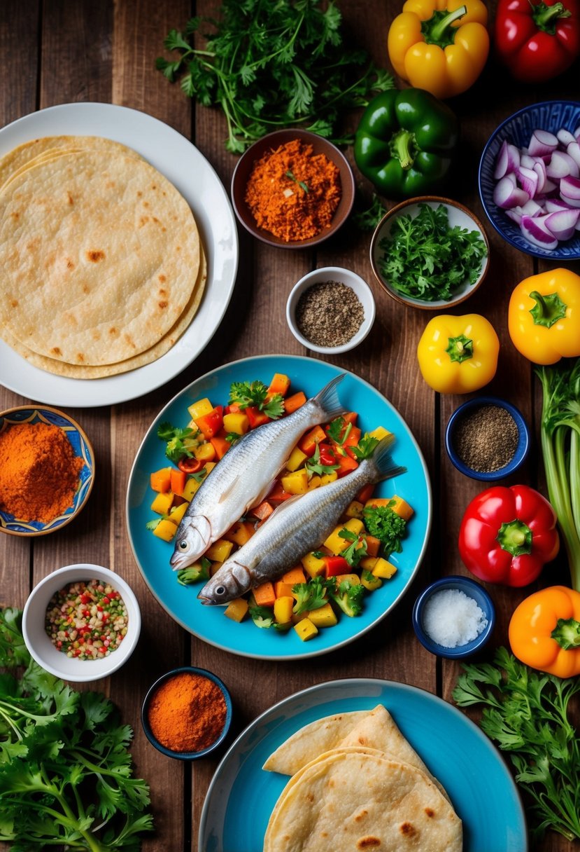 A wooden table set with fresh haddock, colorful vegetables, and warm tortillas, surrounded by vibrant spices and herbs