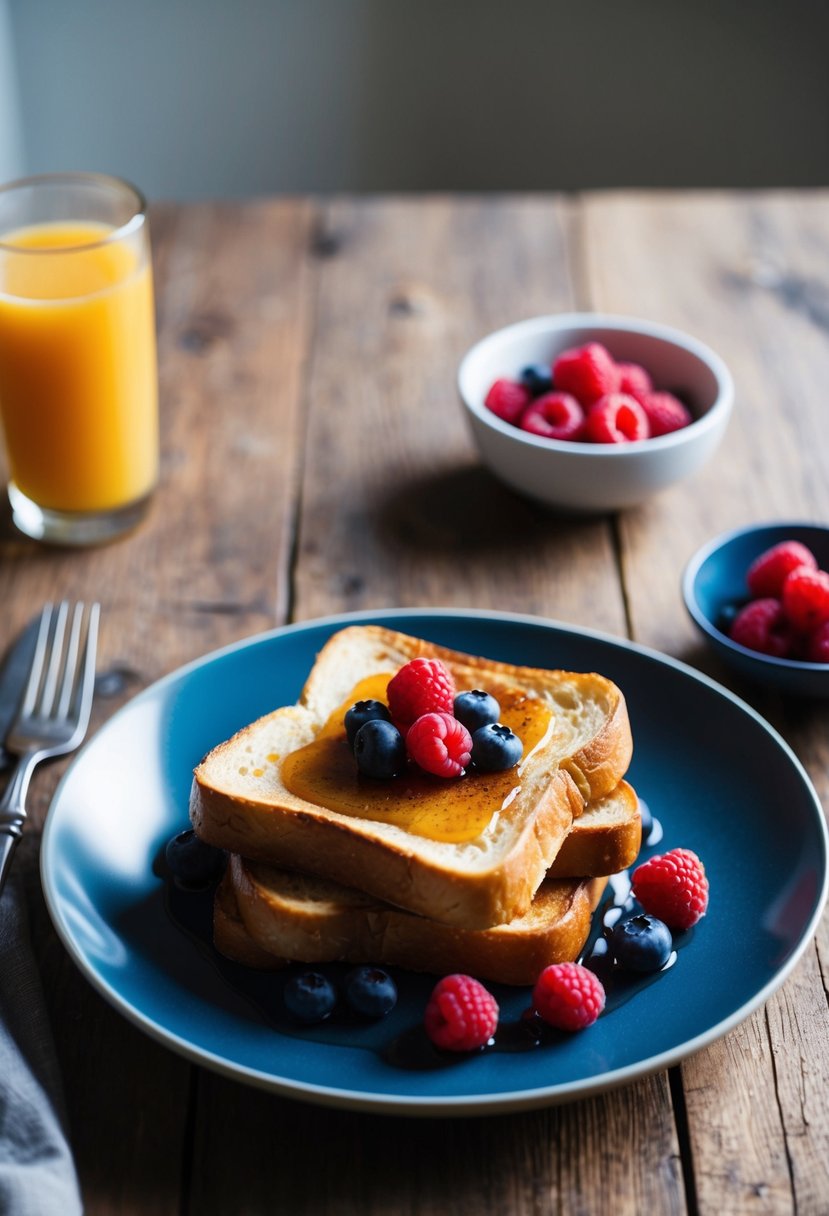 A rustic kitchen table set with a plate of golden brown sourdough French toast topped with maple syrup and fresh berries, accompanied by a glass of orange juice