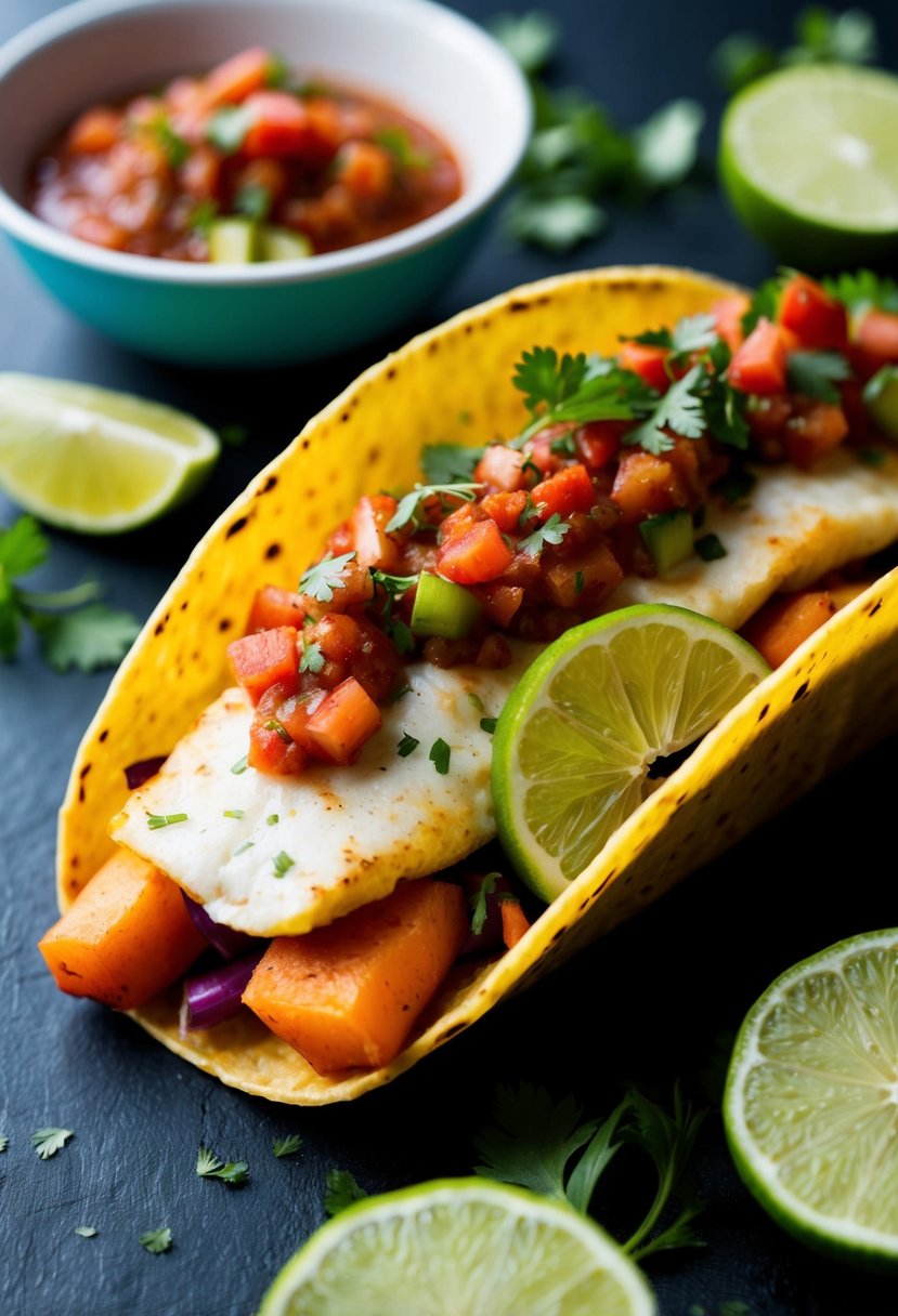 A colorful taco filled with spicy haddock, topped with salsa and garnished with fresh herbs and lime slices