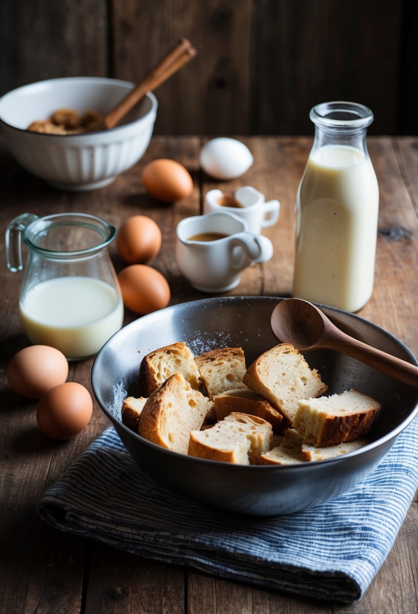 A rustic kitchen table with a vintage mixing bowl, eggs, milk, cinnamon, and chunks of sourdough bread, ready to be combined into a delectable bread pudding