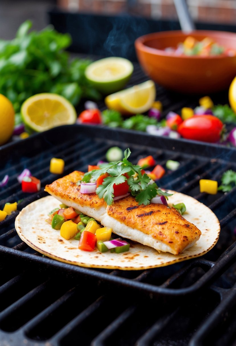 A sizzling haddock taco on a grill with colorful ingredients scattered around