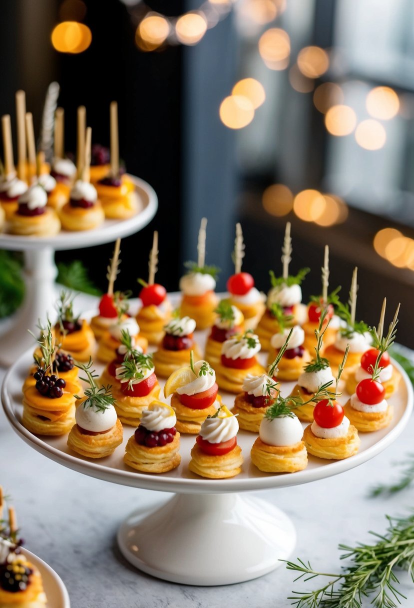 A variety of puff pastry canapes arranged on a serving platter with decorative garnishes