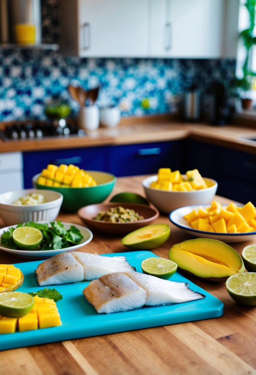 A colorful kitchen counter with fresh haddock, mango, and various taco ingredients laid out for preparation