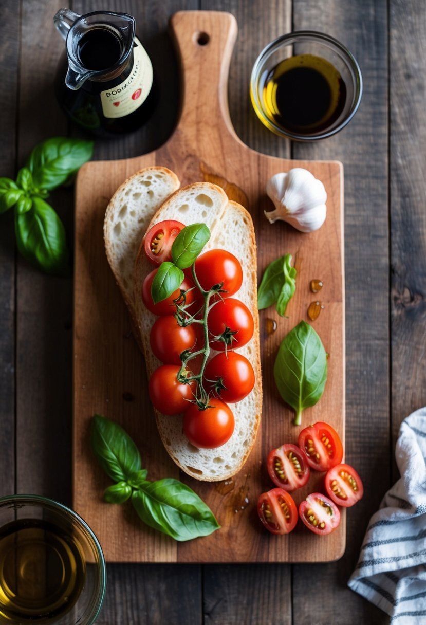 A rustic wooden cutting board topped with sliced sourdough bread, fresh tomatoes, basil, and garlic, surrounded by olive oil and balsamic vinegar