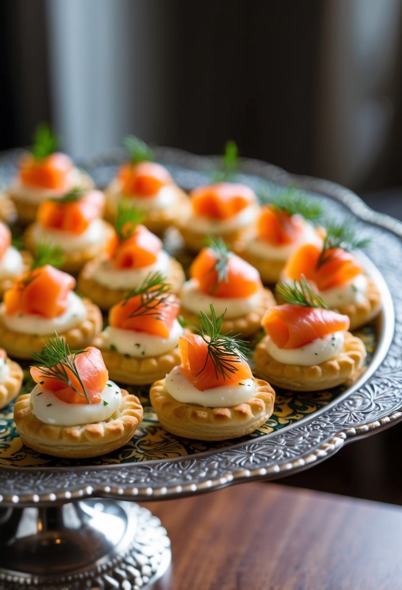 A platter of delicate puff pastry canapes topped with smoked salmon and dill, arranged on a decorative serving tray