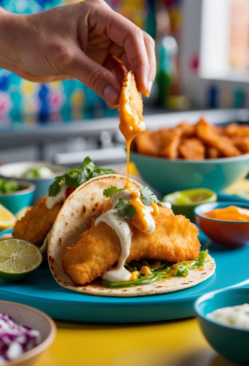 A sizzling haddock taco being assembled with crispy fried fish, fresh toppings, and a drizzle of sauce in a vibrant, colorful kitchen setting