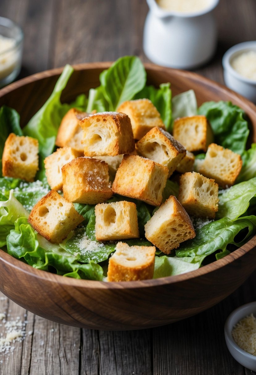 A rustic wooden bowl filled with Caesar salad topped with golden, crispy sourdough croutons, surrounded by fresh lettuce leaves and grated parmesan cheese