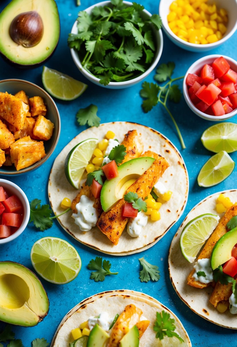 A colorful spread of zesty lime haddock tacos, surrounded by vibrant ingredients like fresh cilantro, diced tomatoes, and sliced avocado