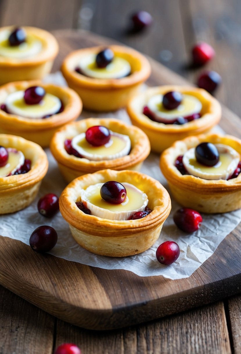 Golden puff pastry tartlets filled with creamy brie and tangy cranberry, arranged on a rustic wooden serving board