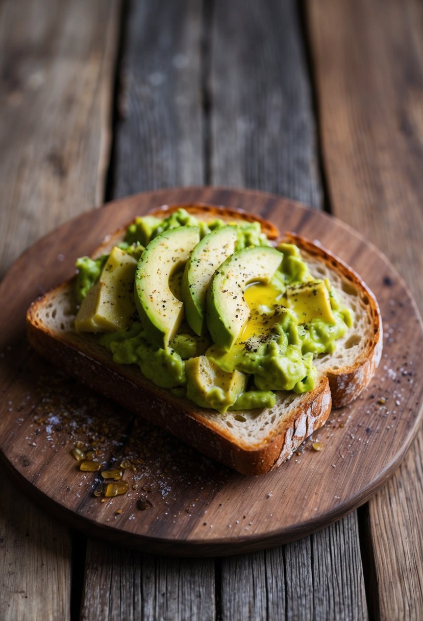 A rustic wooden table topped with a slice of toasted sourdough bread smothered in mashed avocado, sprinkled with salt and pepper, and drizzled with olive oil