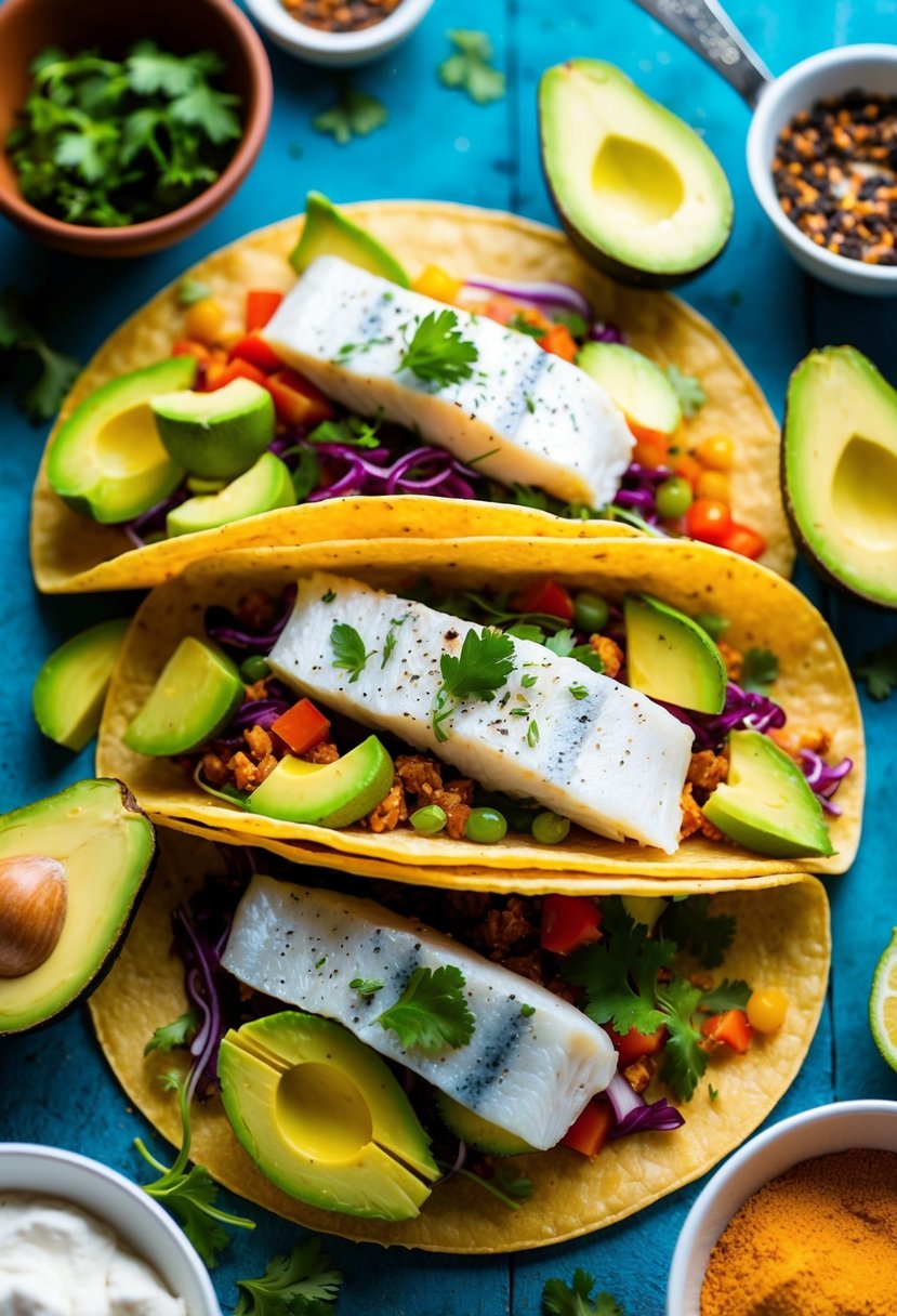 A colorful taco spread with fresh haddock and avocado, surrounded by vibrant ingredients and spices