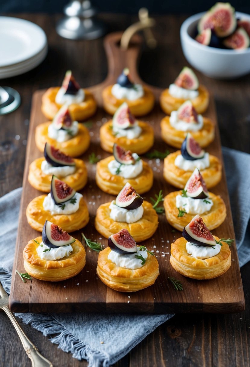 A platter of golden-brown puff pastry canapes topped with goat cheese and fig, arranged on a rustic wooden board