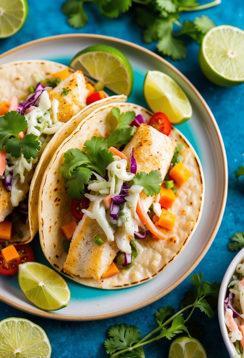 A colorful plate of haddock tacos topped with coleslaw, surrounded by vibrant ingredients like lime, cilantro, and colorful vegetables