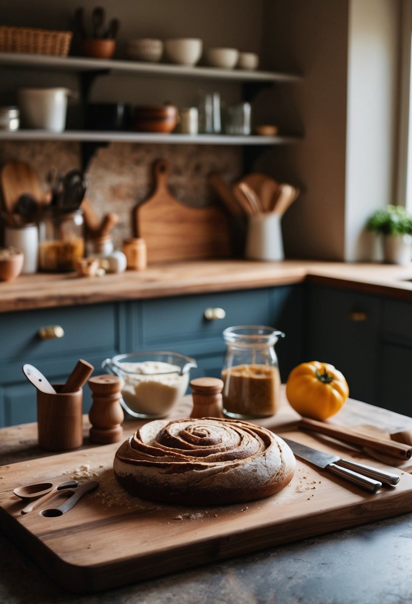 A rustic kitchen counter with ingredients and tools for making sourdough cinnamon swirl bread