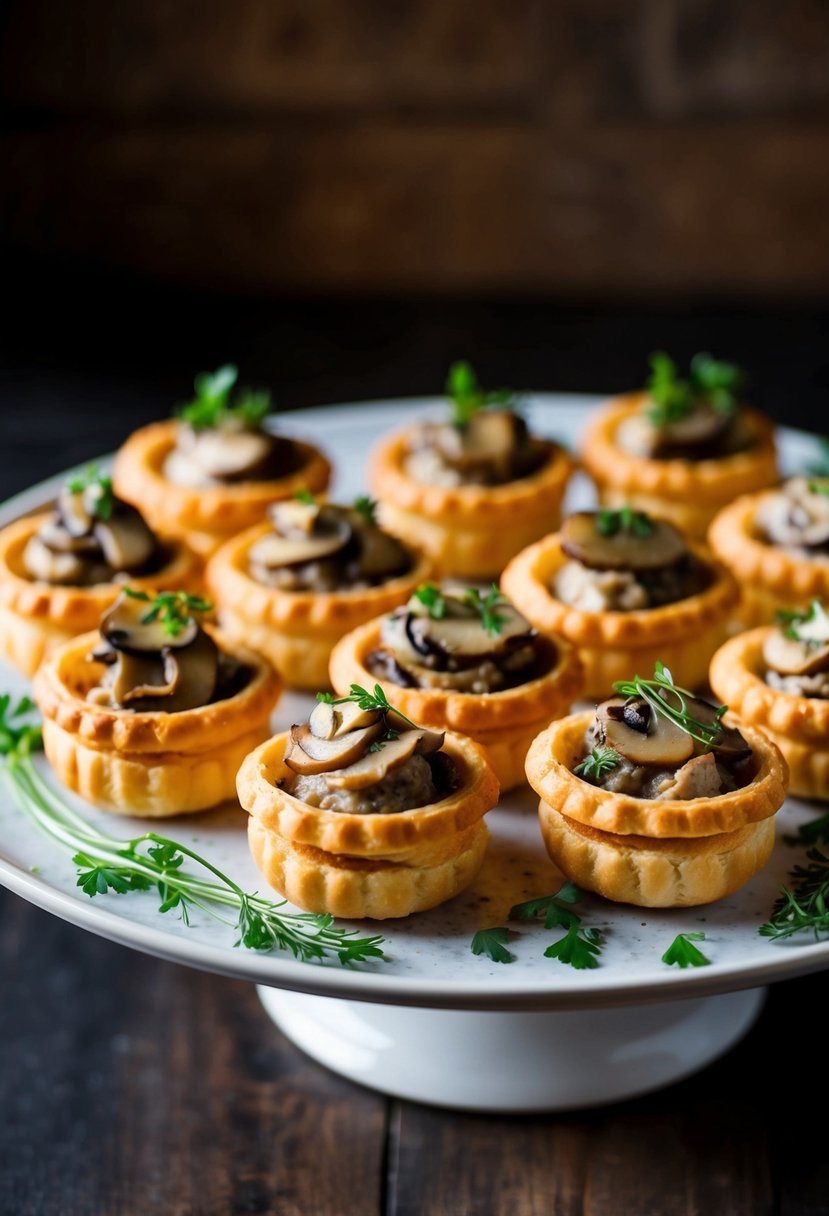 A platter of golden-brown vol-au-vents filled with creamy mushroom filling, garnished with fresh herbs and arranged on a serving tray