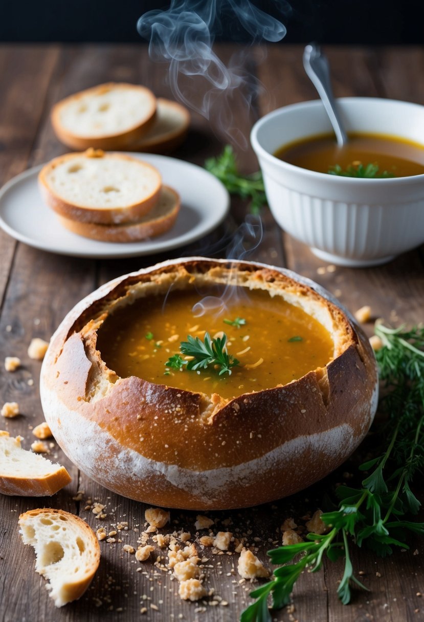 A rustic sourdough bread bowl filled with steaming soup, surrounded by scattered bread crumbs and a sprig of fresh herbs