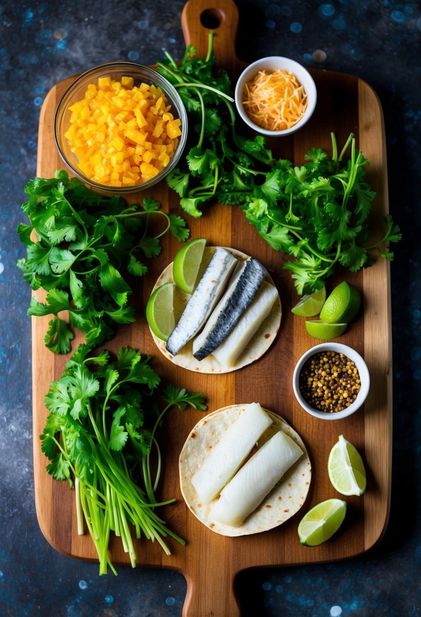 A colorful array of fresh cilantro, haddock fillets, and various taco ingredients laid out on a wooden cutting board