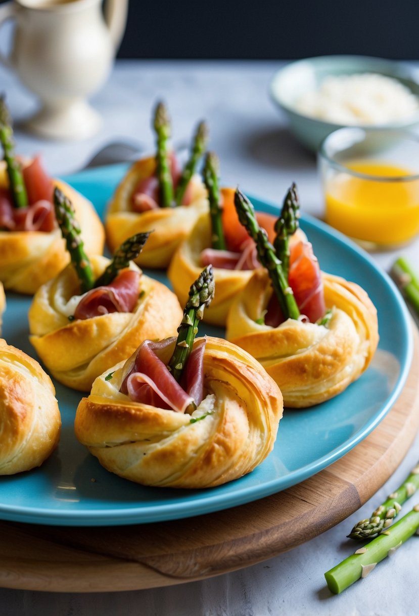 Golden-brown puff pastry twists topped with prosciutto and asparagus on a serving platter