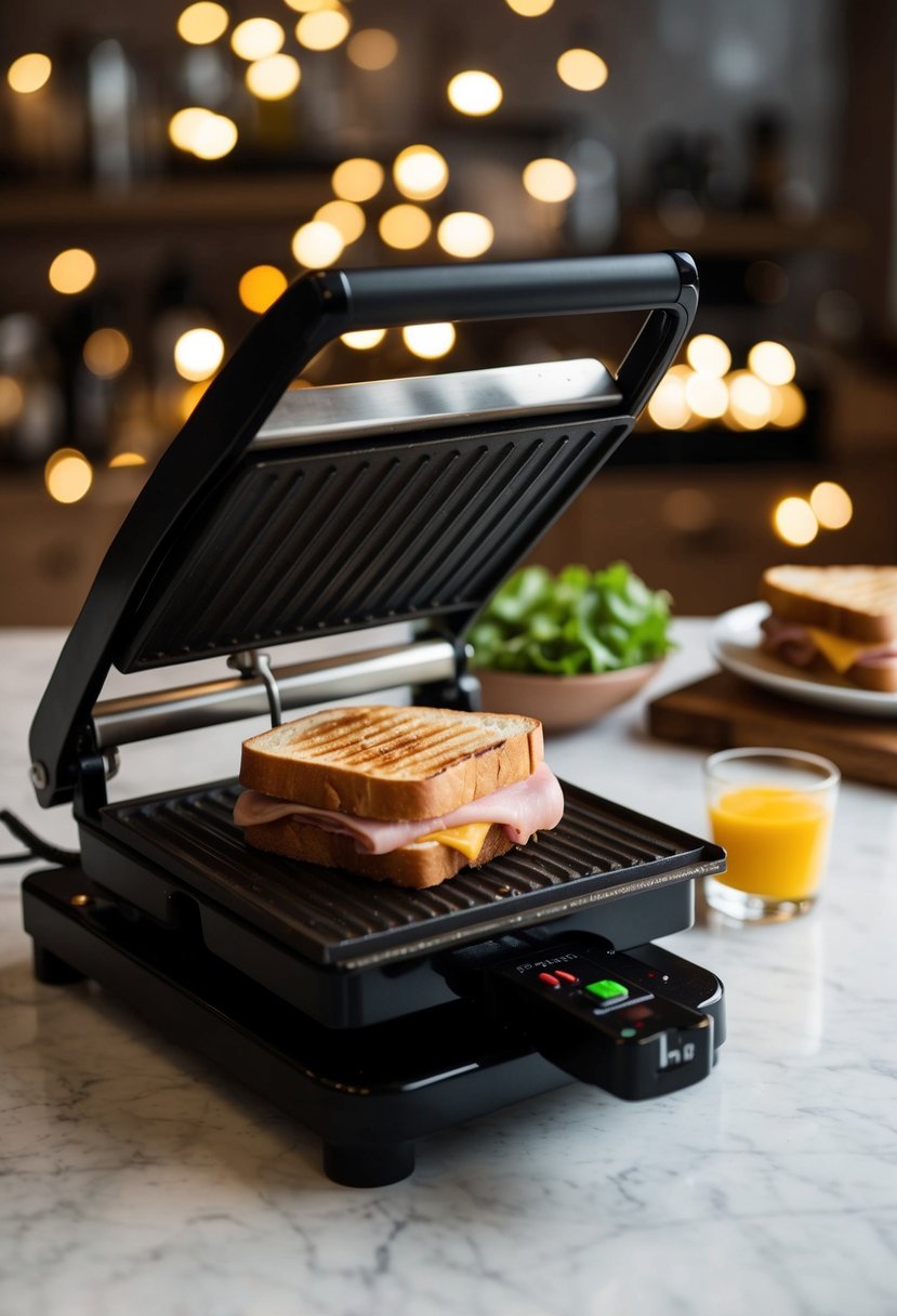 A panini press grilling a sourdough sandwich with ham and cheese