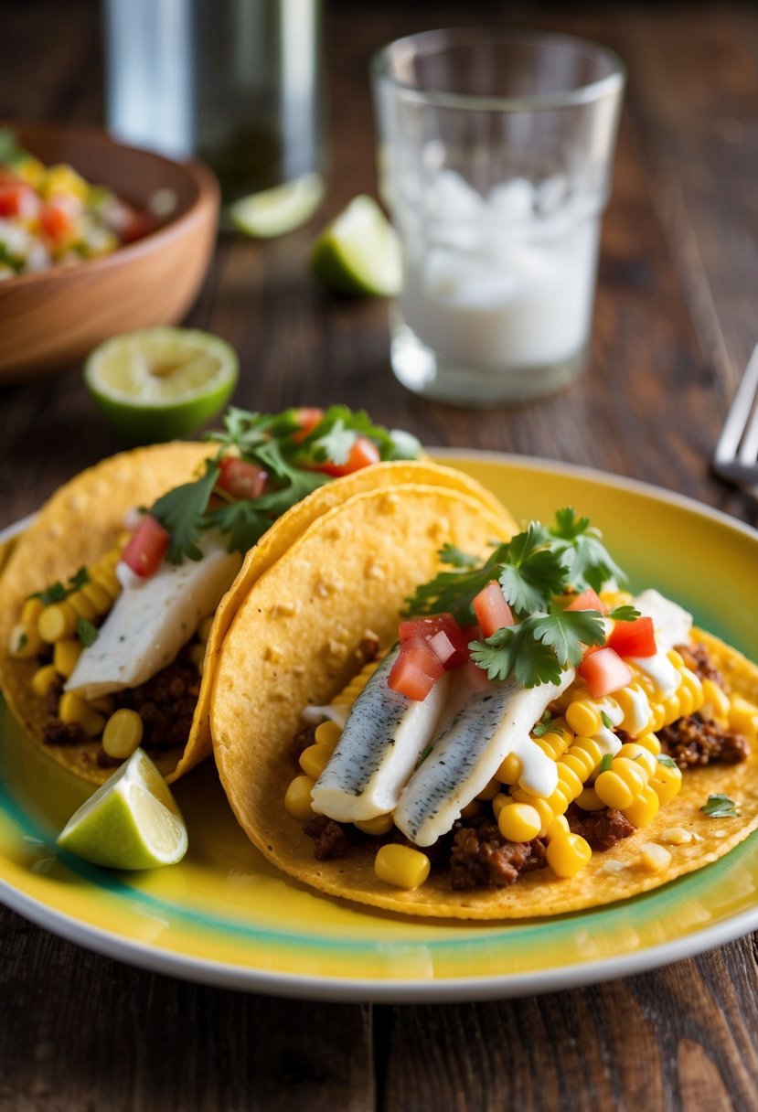 A colorful plate of haddock and corn tacos with fresh toppings on a wooden table