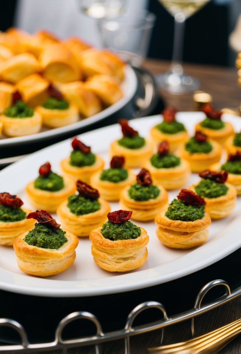 A platter of golden, flaky puff pastry canapes topped with vibrant green pesto and sun-dried tomato, arranged in an appetizing display