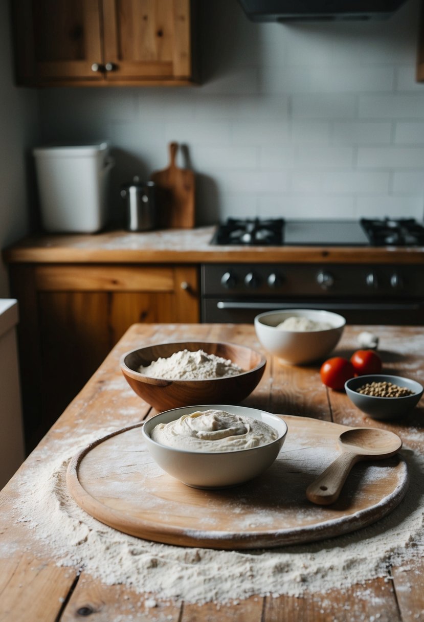 A rustic kitchen with a wooden table covered in flour, a bowl of active sourdough starter, and ingredients for pizza crust