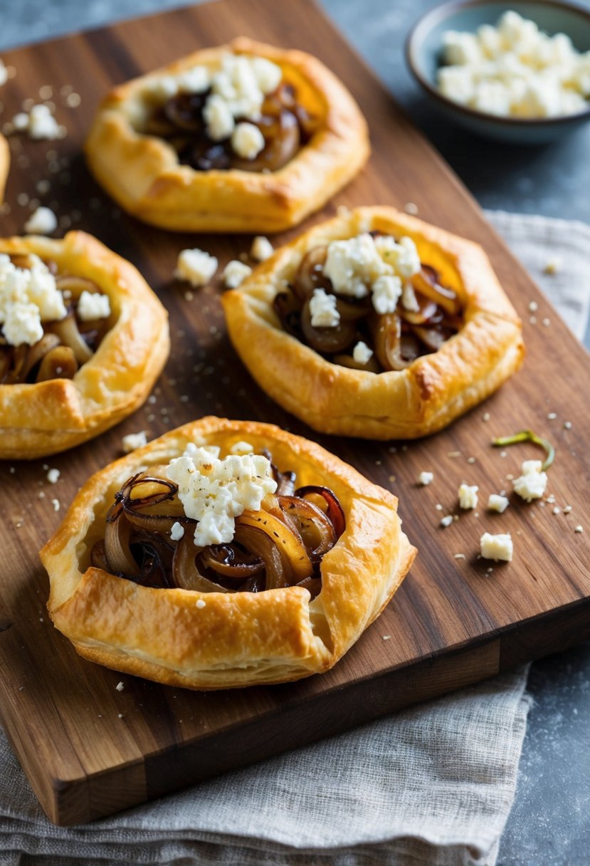 Golden-brown puff pastry galettes topped with caramelized onions and crumbled feta cheese on a rustic wooden serving board