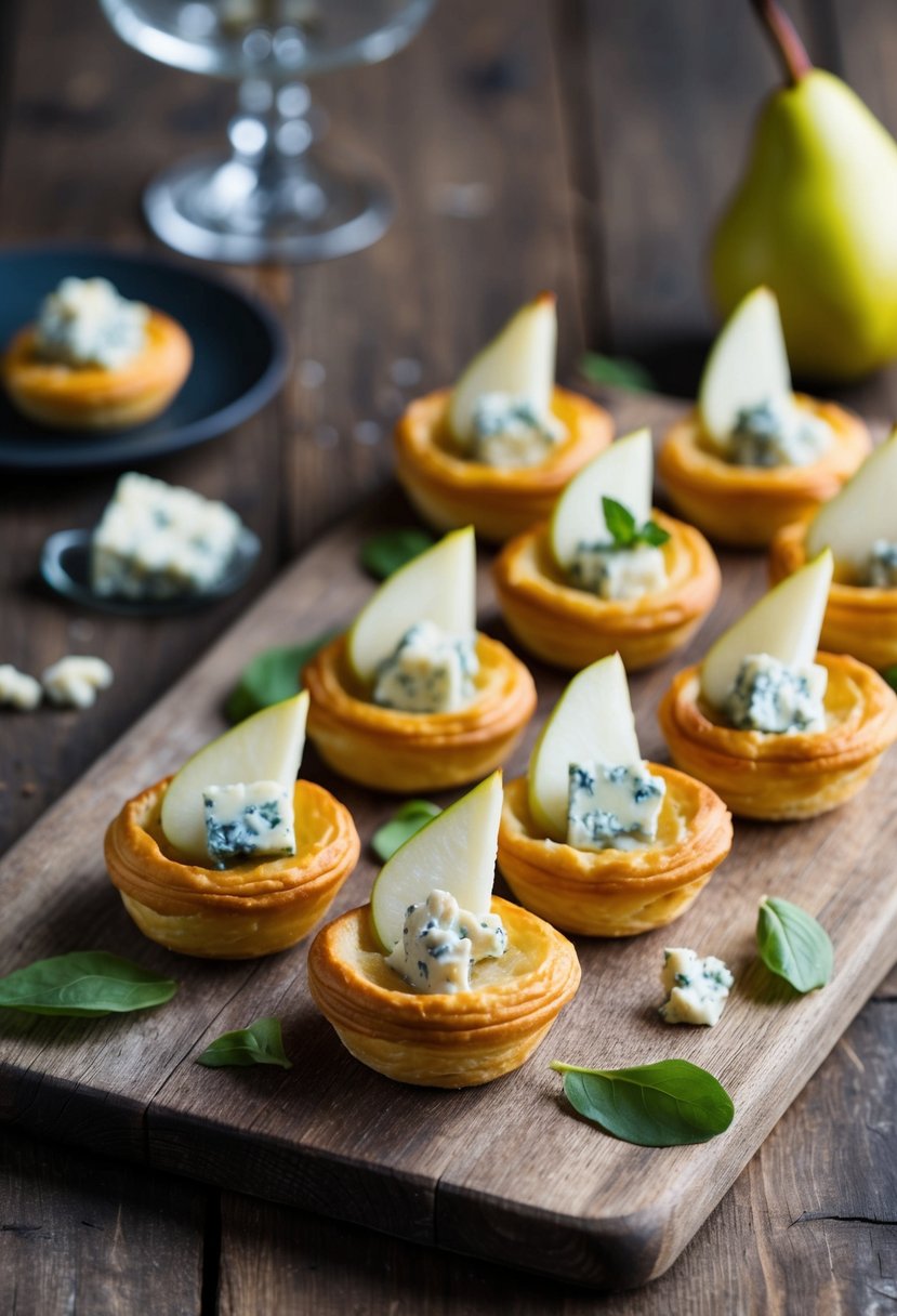 A platter of golden puff pastry canapes topped with blue cheese and pear slices, arranged on a rustic wooden board