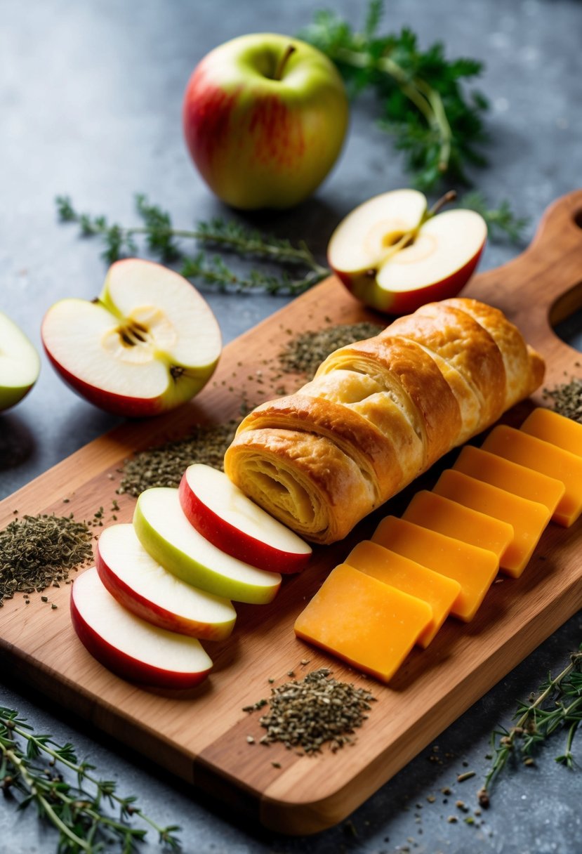 A wooden cutting board with apple slices, cheddar cheese, and rolled puff pastry, surrounded by scattered herbs and spices