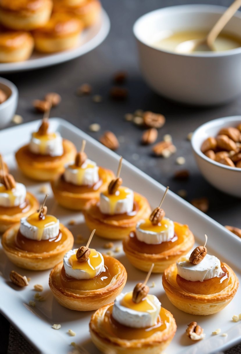 A platter of golden puff pastry canapes topped with honey drizzled brie and scattered nuts