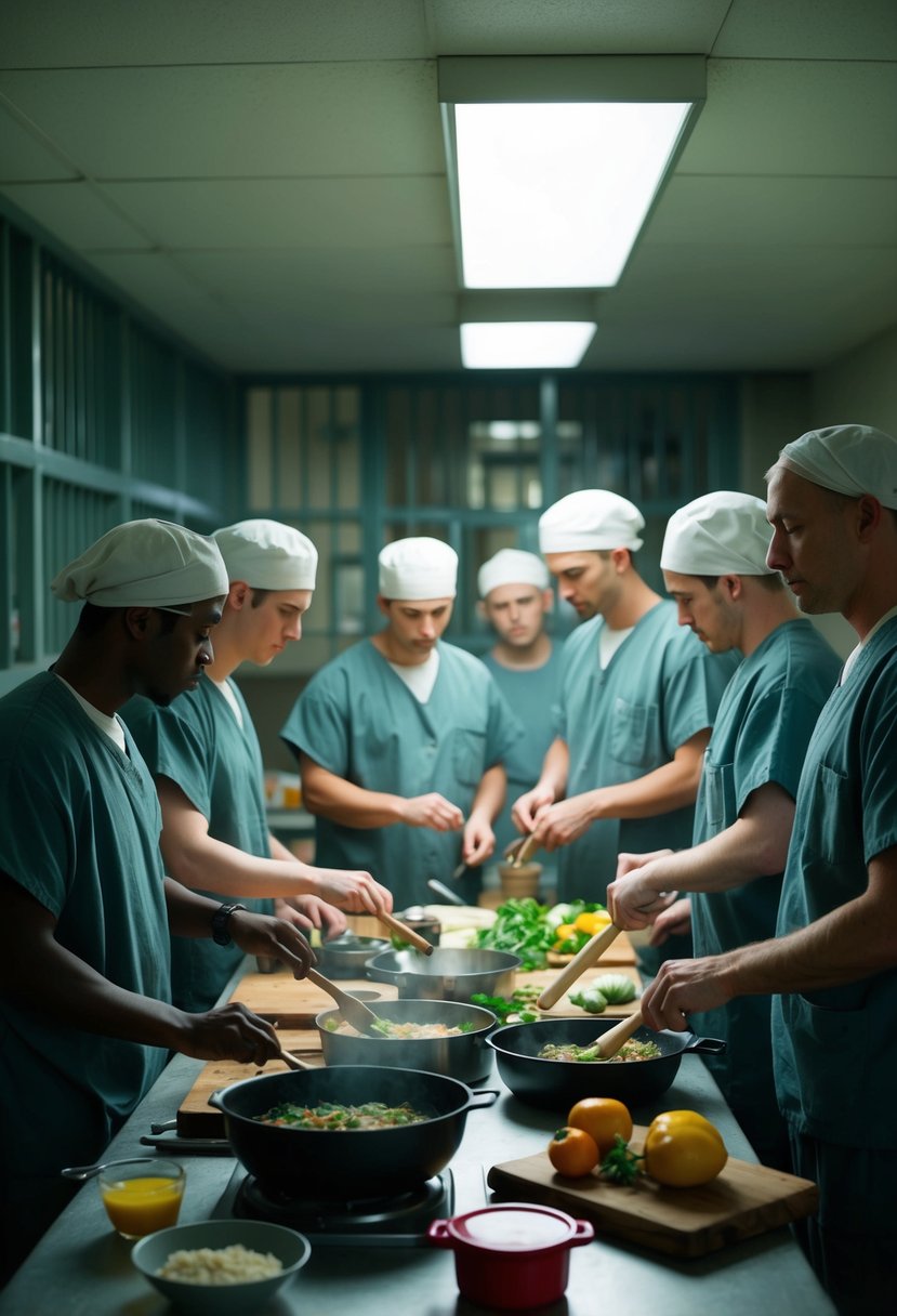 A group of inmates gather in a dimly lit prison kitchen, using makeshift tools to cook up creative recipes with limited ingredients