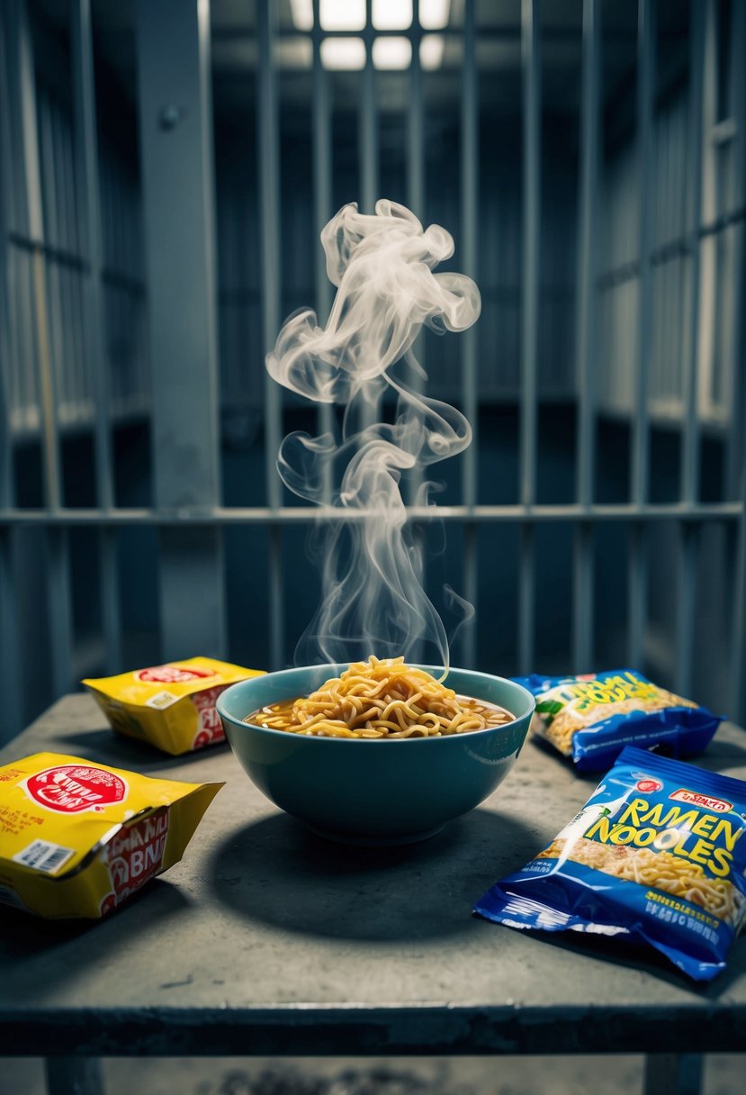 A makeshift bowl of ramen noodles sits on a crude table in a dimly lit prison cell. The steam rises from the bowl, surrounded by empty instant noodle packaging