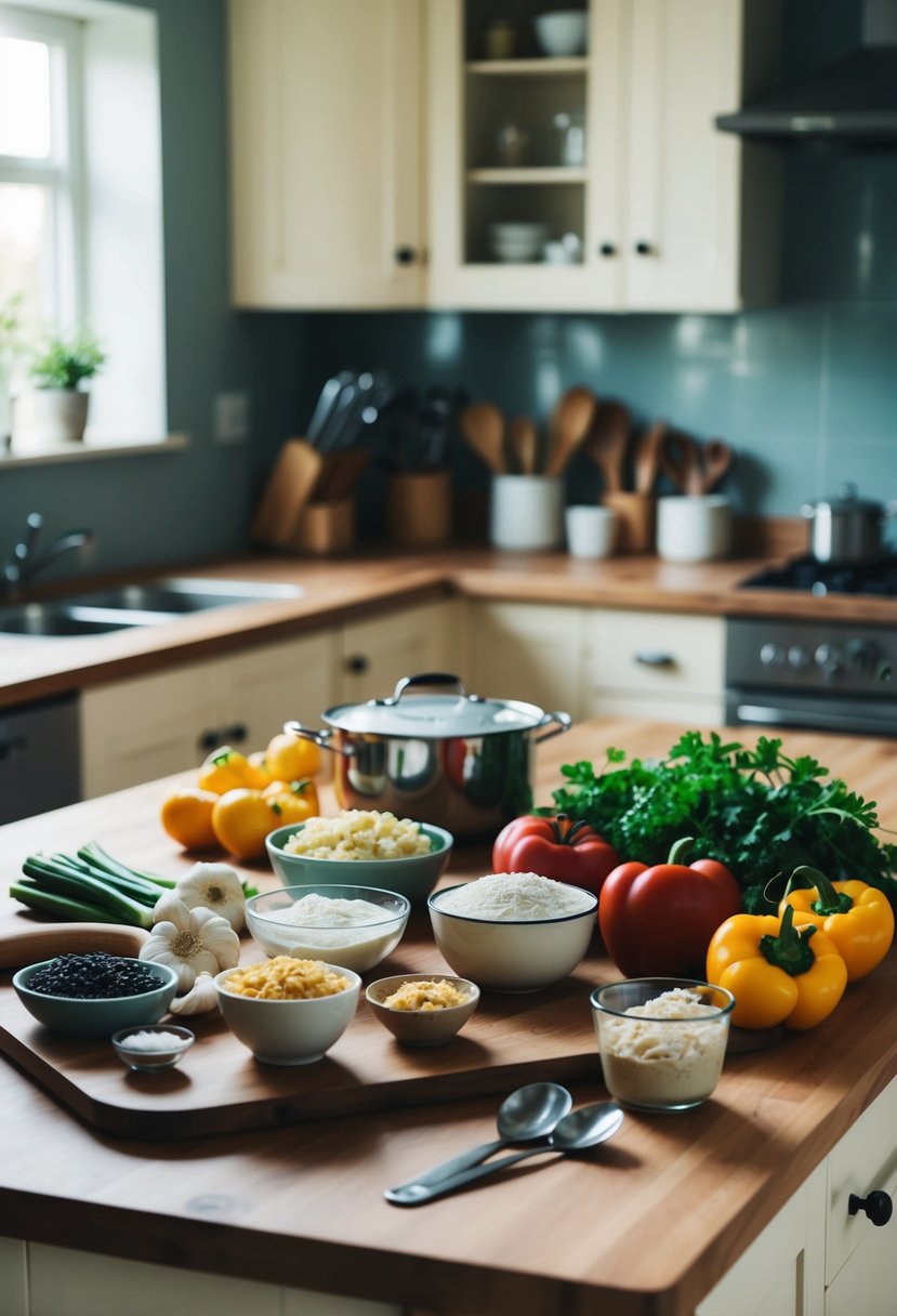 A cozy kitchen with a variety of soothing, heartburn-friendly ingredients and cooking utensils laid out on the counter