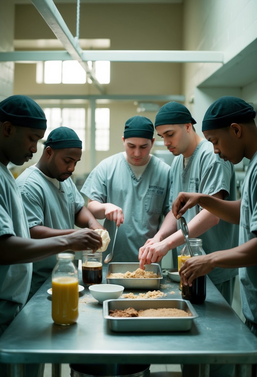 A group of inmates in a prison kitchen mix instant coffee with sugar and condensed milk to make fudge, using makeshift tools and limited ingredients