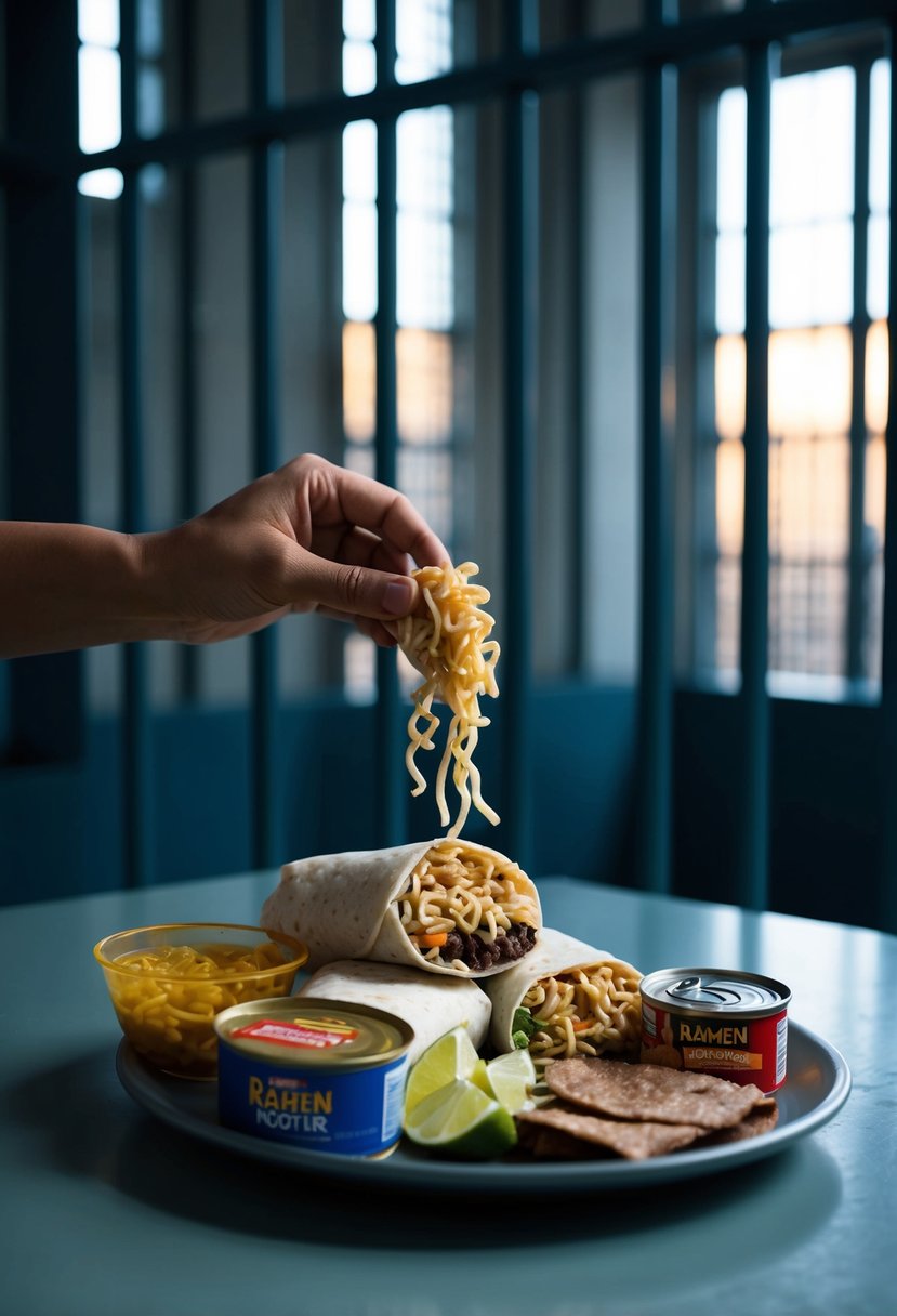 In a dimly lit prison cell, a makeshift burrito is being assembled using ingredients from the commissary, including ramen noodles, chips, and canned meat