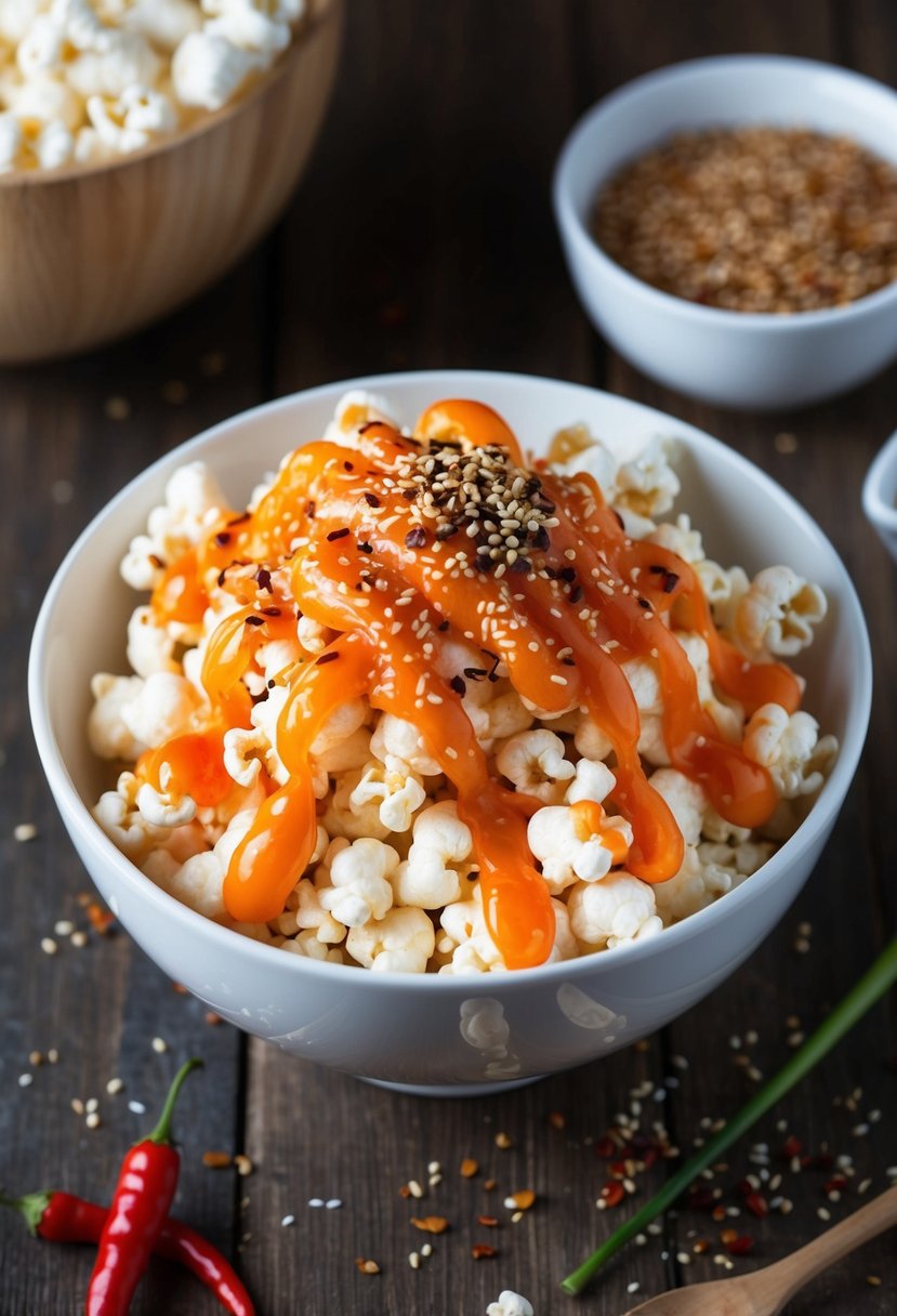 A bowl of popcorn drizzled with sweet and spicy Thai sauce, topped with sesame seeds and red pepper flakes