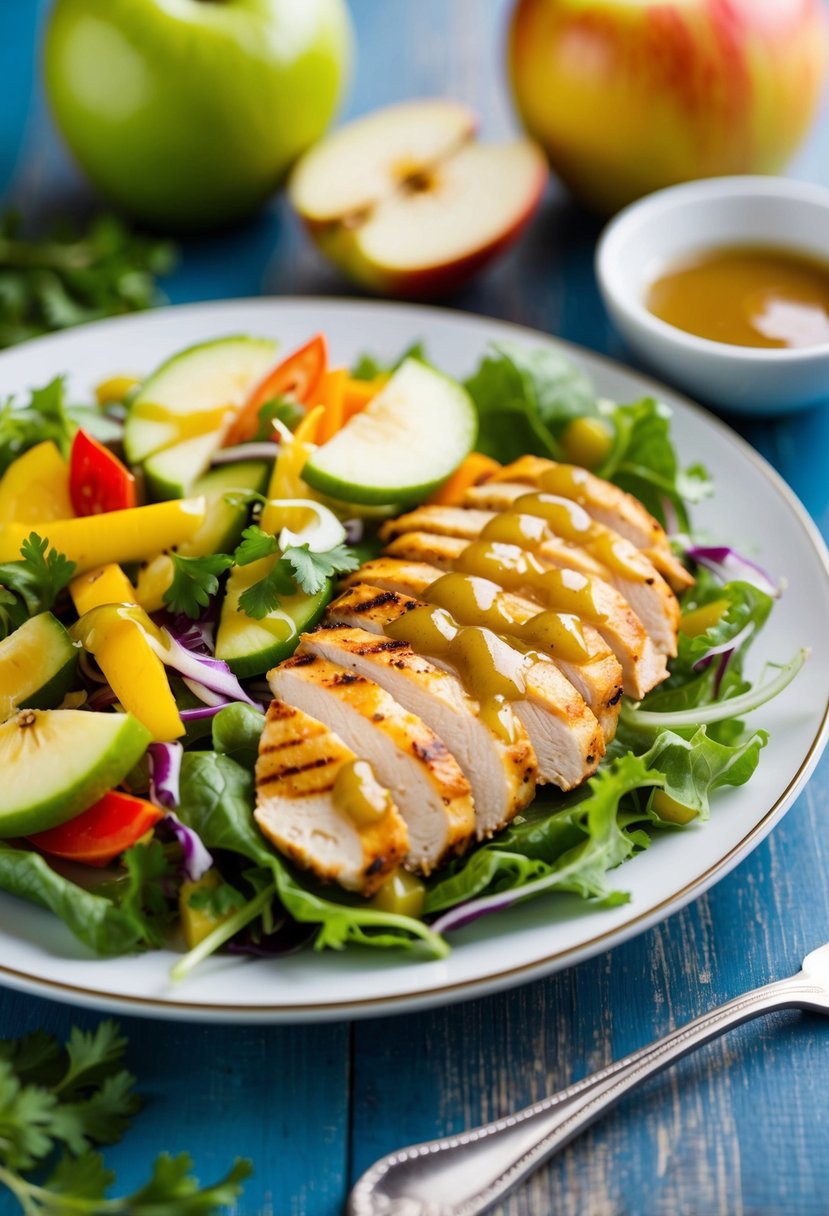 A colorful plate of grilled chicken salad with vibrant vegetables and a drizzle of apple cider vinaigrette