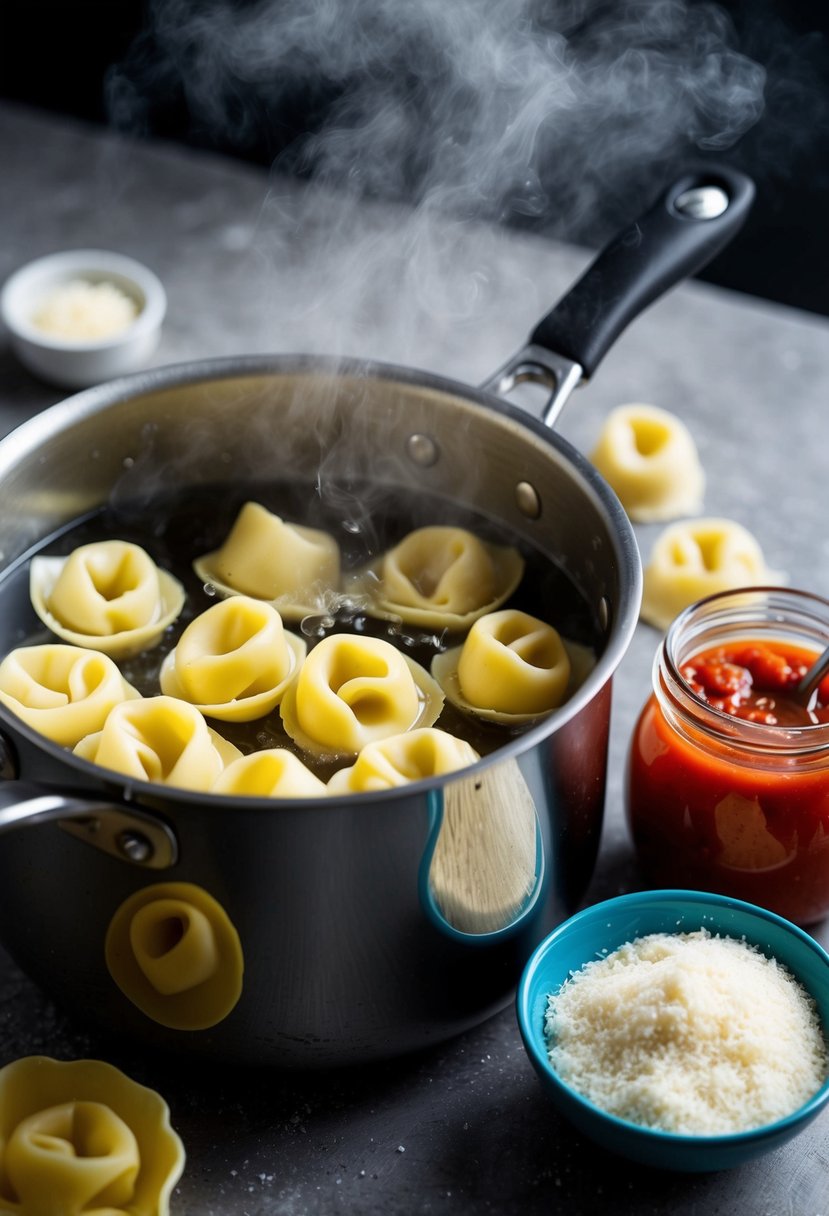 A pot of boiling water with tortellini simmering inside. A bowl of freshly grated parmesan cheese and a jar of marinara sauce sit nearby