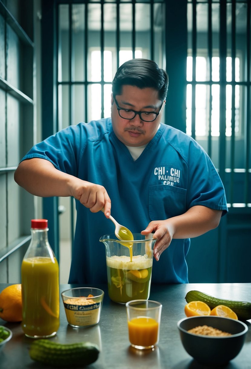 Chi-Chi mixing pickle juice with prison ingredients in a dimly lit jail cell