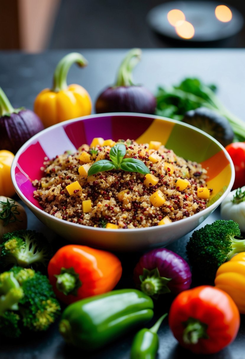 A colorful quinoa bowl surrounded by an assortment of roasted vegetables, arranged in an appealing and appetizing manner