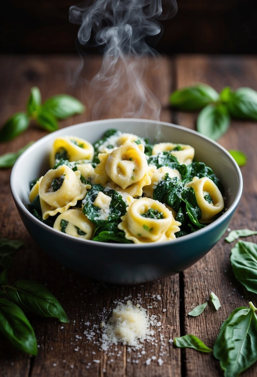 A steaming bowl of spinach and ricotta tortellini sits on a rustic wooden table, surrounded by scattered fresh basil leaves and a sprinkle of grated parmesan cheese