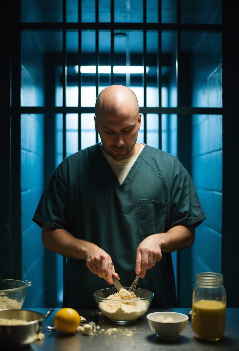 A prisoner in a dimly lit cell, using makeshift tools to mix ingredients for a secret cheesecake recipe