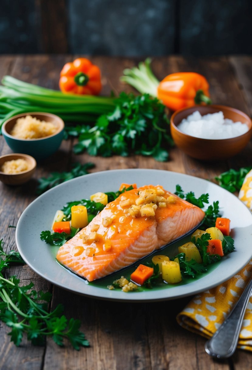 A plate of baked salmon with ginger glaze, surrounded by colorful vegetables and herbs, sits on a rustic wooden table