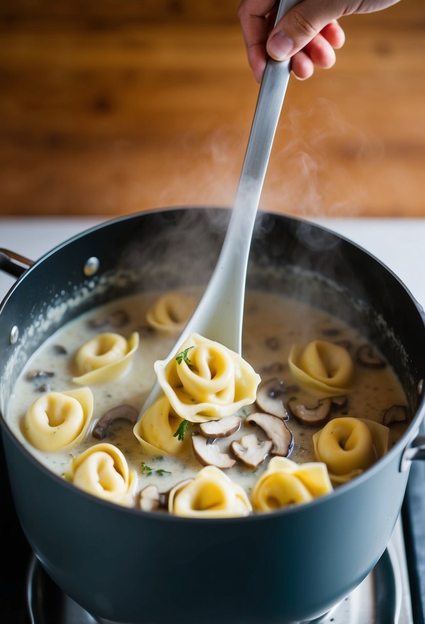 A pot of boiling water with tortellini being stirred in creamy mushroom sauce