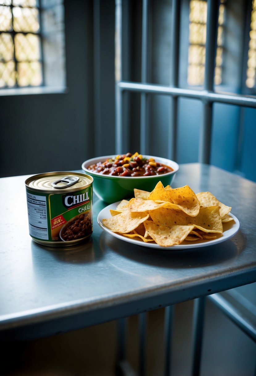 A bowl of canned chili sits next to a plate of nachos topped with chips, all arranged on a metal table in a prison cell